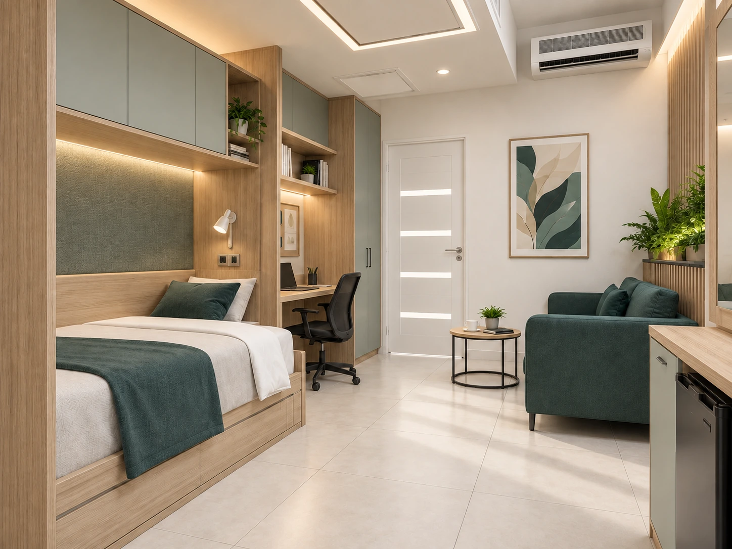 Sleeping and rest area in the Tehran Pars Hospital LDR doctors rest room with bed, workstation, green lounge seating, integrated storage and warm lighting