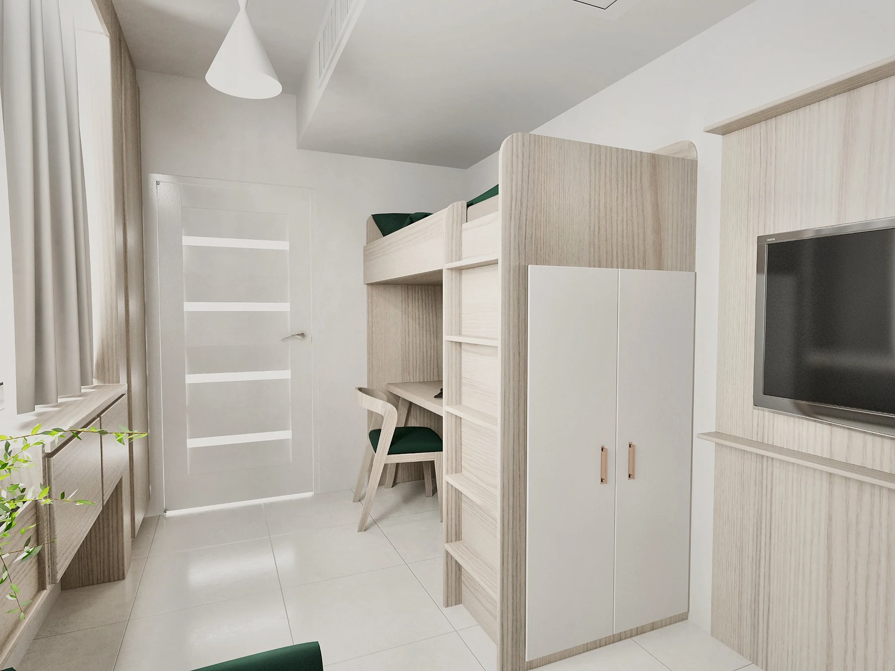 Work, storage and rest area in the Tehran Pars Hospital LDR doctors rest room with custom joinery and television wall