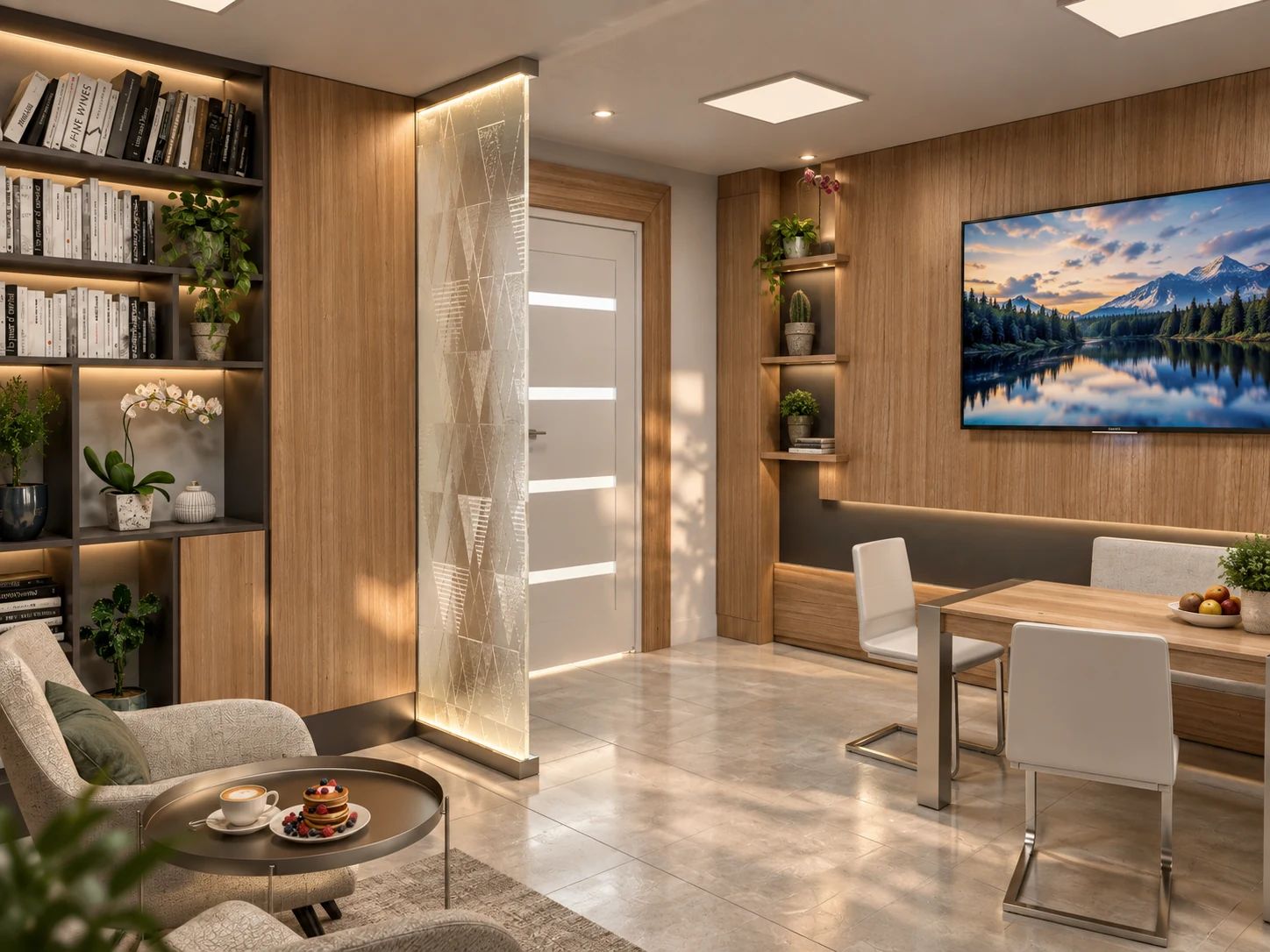 Shared nurses rest area in the Tehran Pars Hospital LDR department with lounge seating, dining table and warm wood finishes