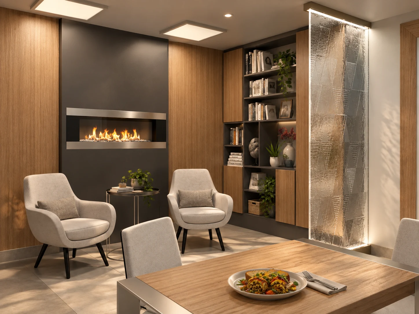 Nurses lounge in the Tehran Pars Hospital LDR rest room with comfortable chairs, decorative fireplace and shelving