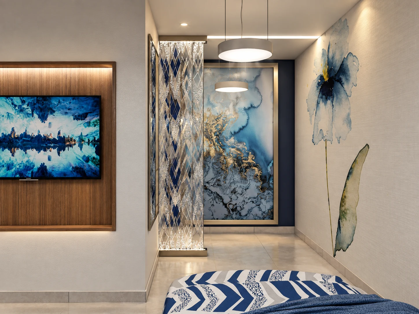 Rest room corner in the Tehran Pars Hospital LDR nurses area with a translucent divider, television and calm blue interior identity