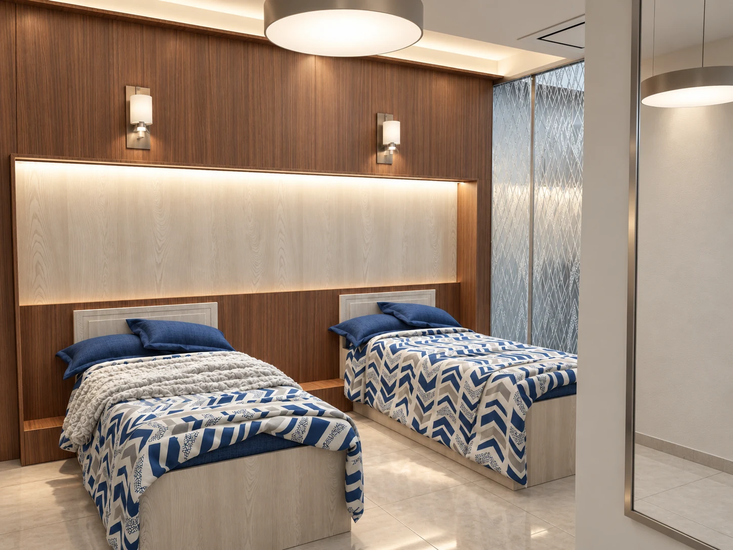 Short-stay sleeping area for nurses in the Tehran Pars Hospital LDR department with twin beds, soft lighting and warm wood finishes