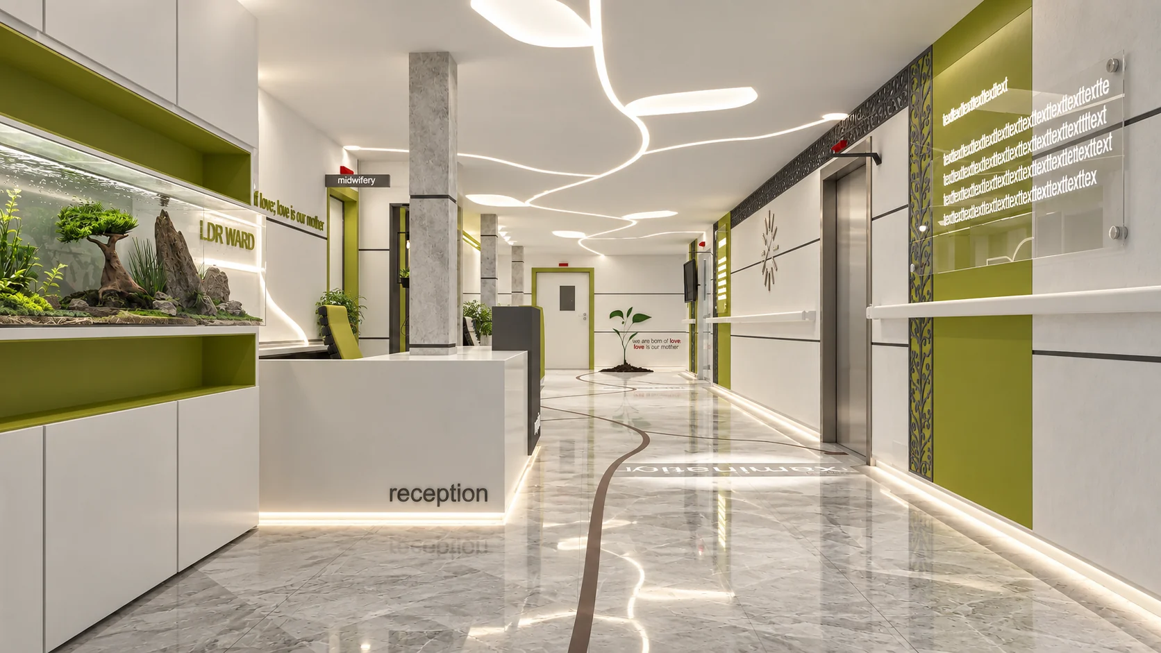 Clinical corridor in the Tehran Pars Hospital LDR ward with bright wall finishes and clear circulation