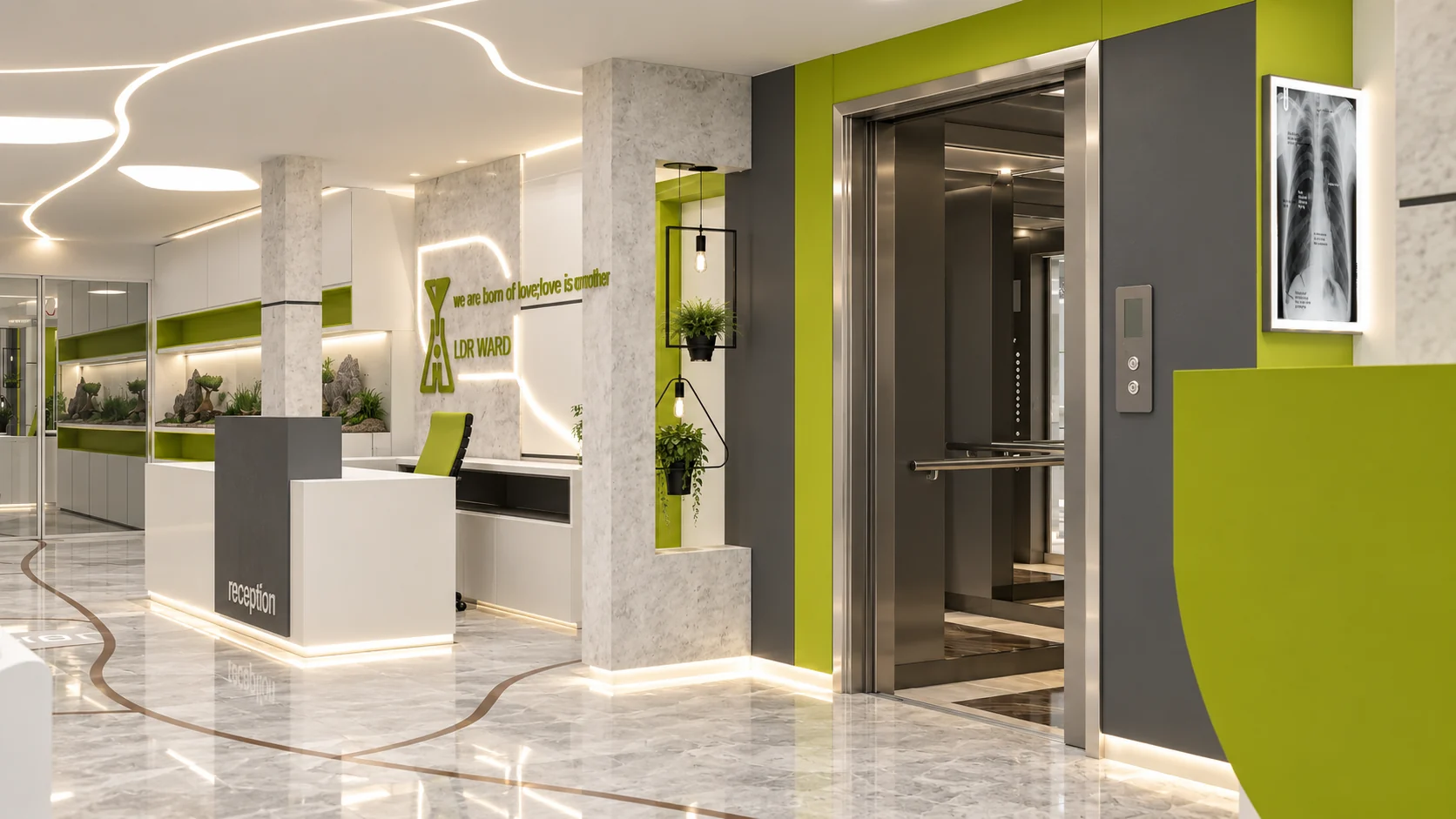 Reception and elevator lobby in the Tehran Pars Hospital LDR ward with white and green interior palette