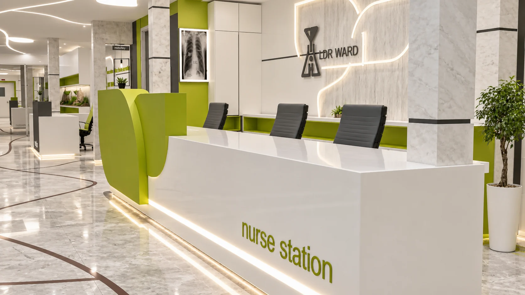 Main nurse station in the Tehran Pars Hospital LDR ward with white and green counters and integrated lighting