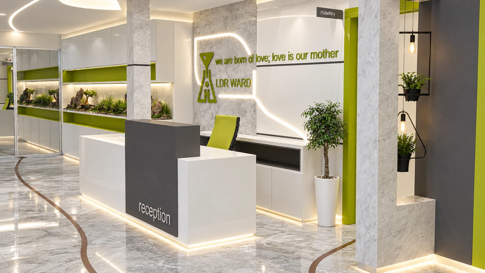 LDR ward reception at Tehran Pars Hospital with feature wall, planting and integrated lighting