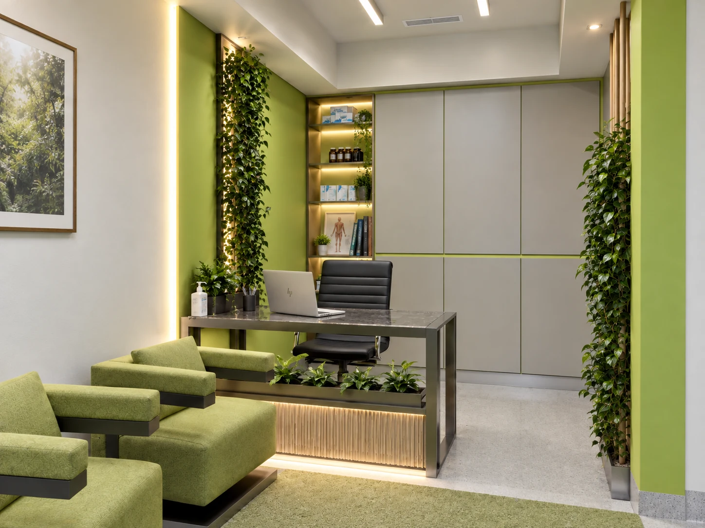 Midwifery consultation office at Tehran Pars Hospital with work desk, seating area and green feature wall