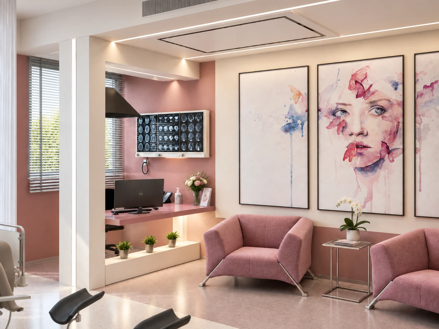 Pink-accented maternity care room at Tehran Pars Hospital with patient bed and examination chair