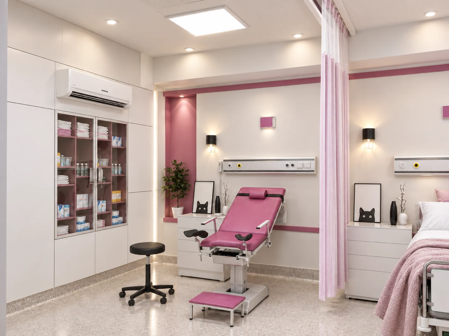 Midwifery care and examination room at Tehran Pars Hospital with medicine cabinet and pink examination chair
