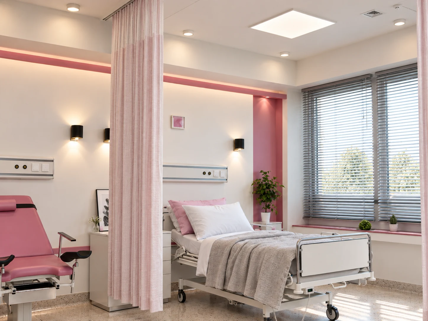 Consultation and seating corner in the midwifery room at Tehran Pars Hospital with pink seating and wall art