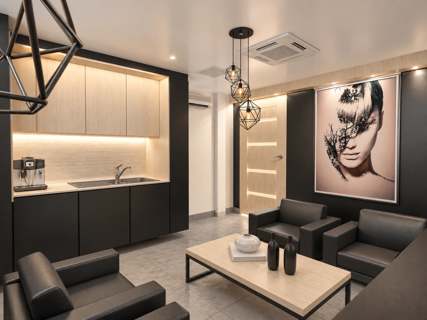 Tehran Pars Hospital mothers rest room with comfortable lounge seating, a kitchenette and light-and-dark wood finishes