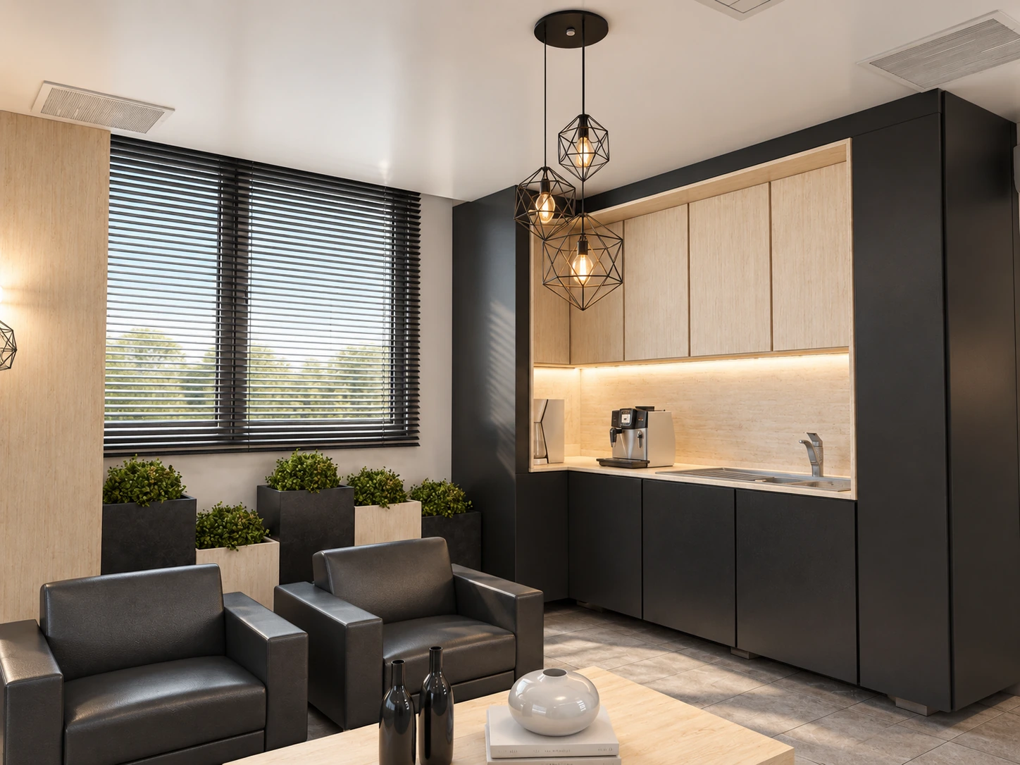 Kitchenette and window-side lounge area in the Tehran Pars Hospital mothers rest room with indoor planters and seating