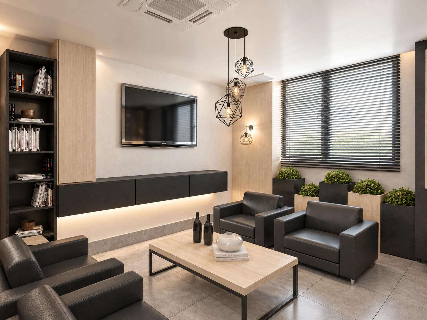 Overview of the Tehran Pars Hospital mothers rest room showing grouped seating, television wall and orderly interior planning