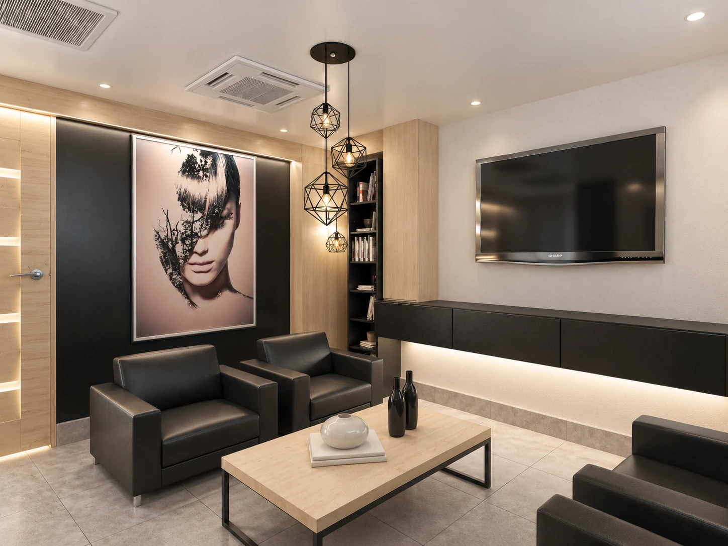 Lounge and television wall in the Tehran Pars Hospital mothers rest room with warm lighting and comfortable armchairs