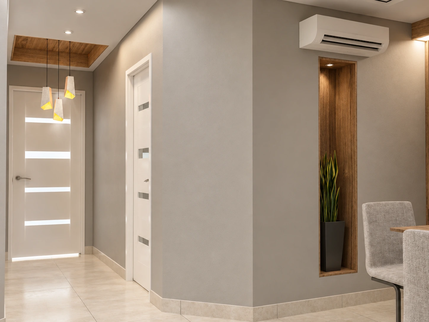 Access corridor and communal nurses' lounge at Tehran Pars Hospital with comfortable seating and soft lighting