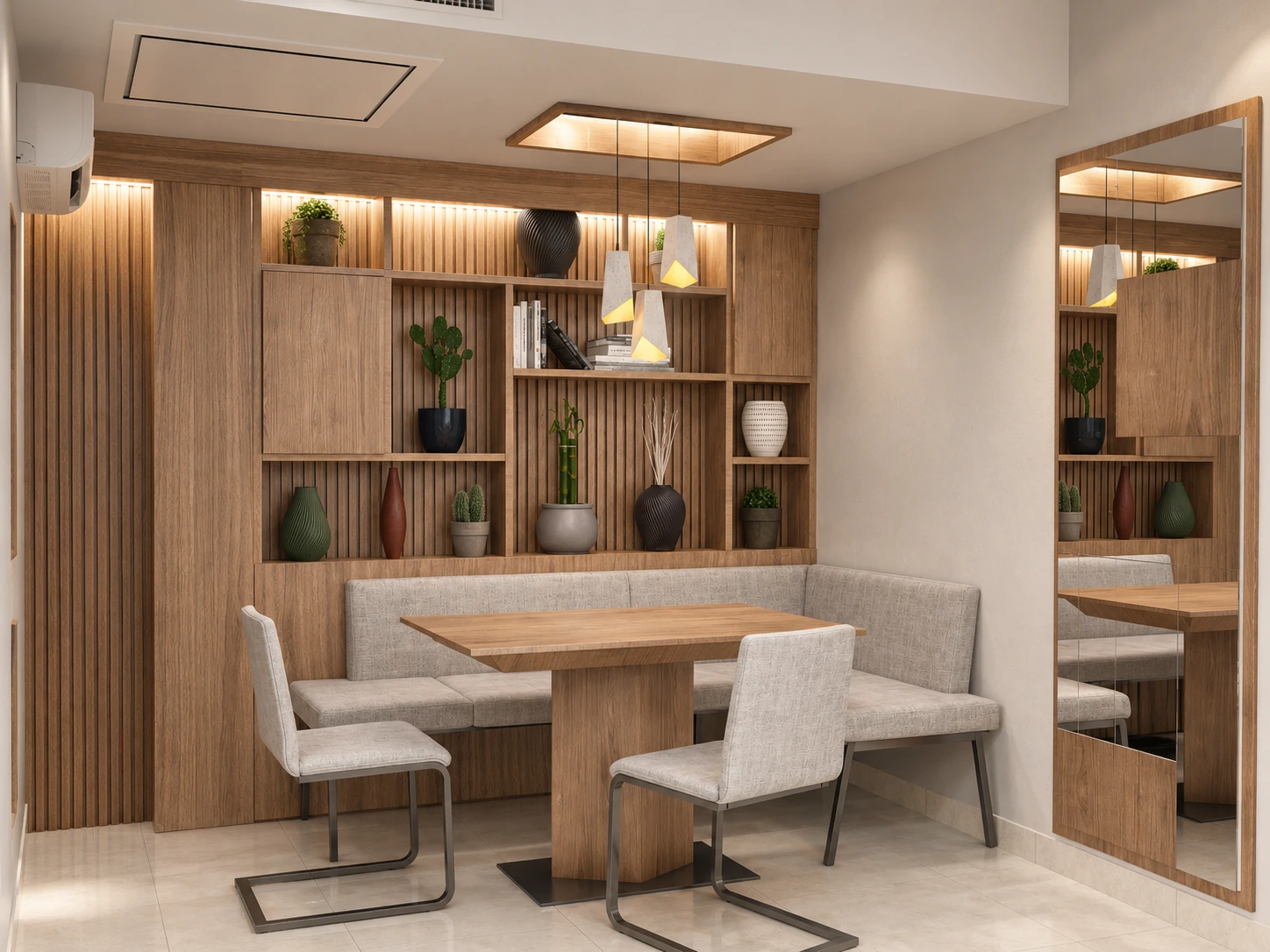 Entrance and lounge area of the nurses' rest room at Tehran Pars Hospital with warm lighting and timber details