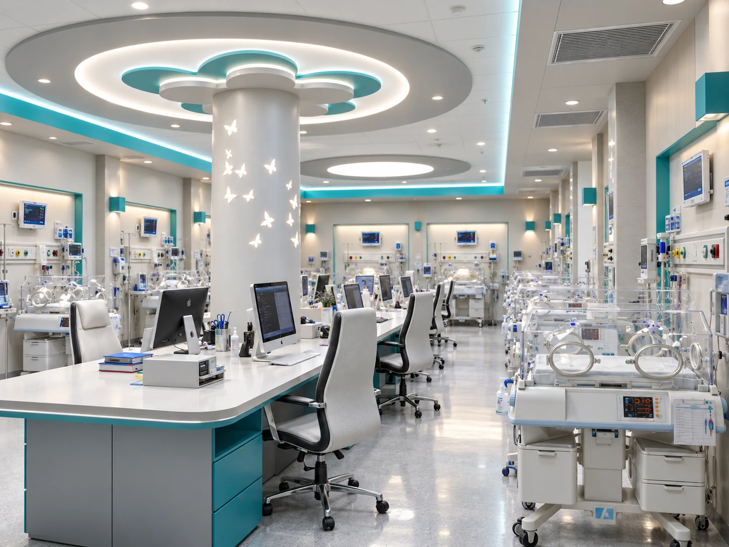 Tehran Pars Hastanesi Post-NICU servisinde küvözler ve hasta izleme ekipmanları bulunan yenidoğan bakım alanı