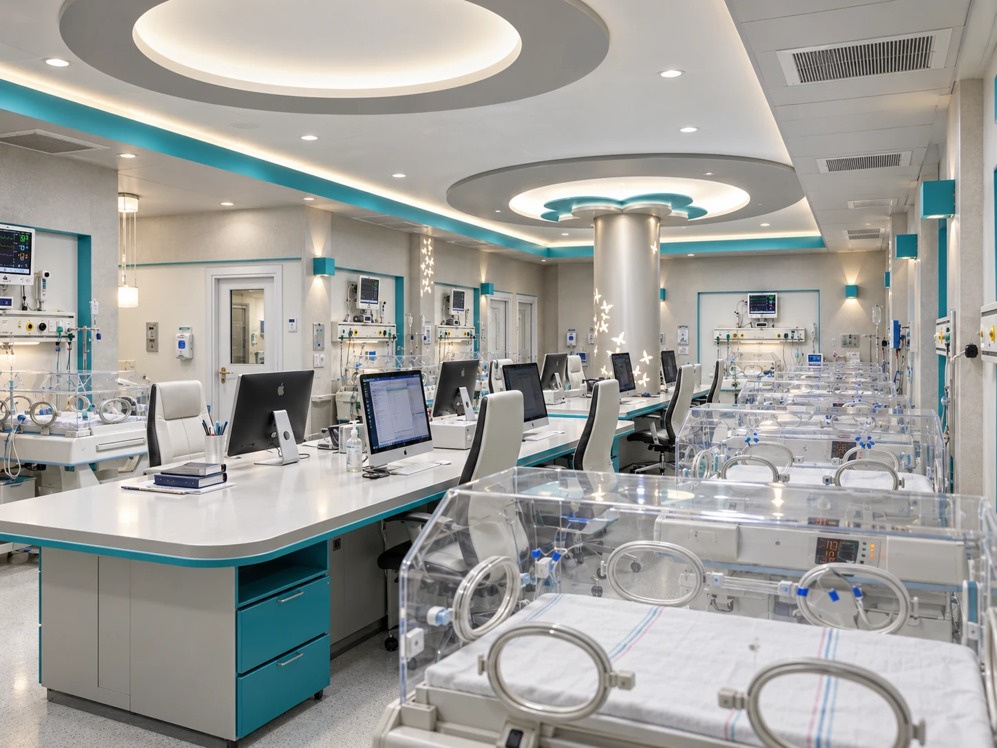 Tehran Pars Hastanesi Post-NICU servisinde küvözler, hemşire istasyonu ve turkuaz aydınlatma vurgularıyla genel görünüm